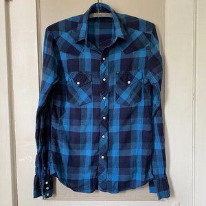 Salt Valley Urban Outfitters Western Plaid Long Sleeve Snap Blue Shirt Small
